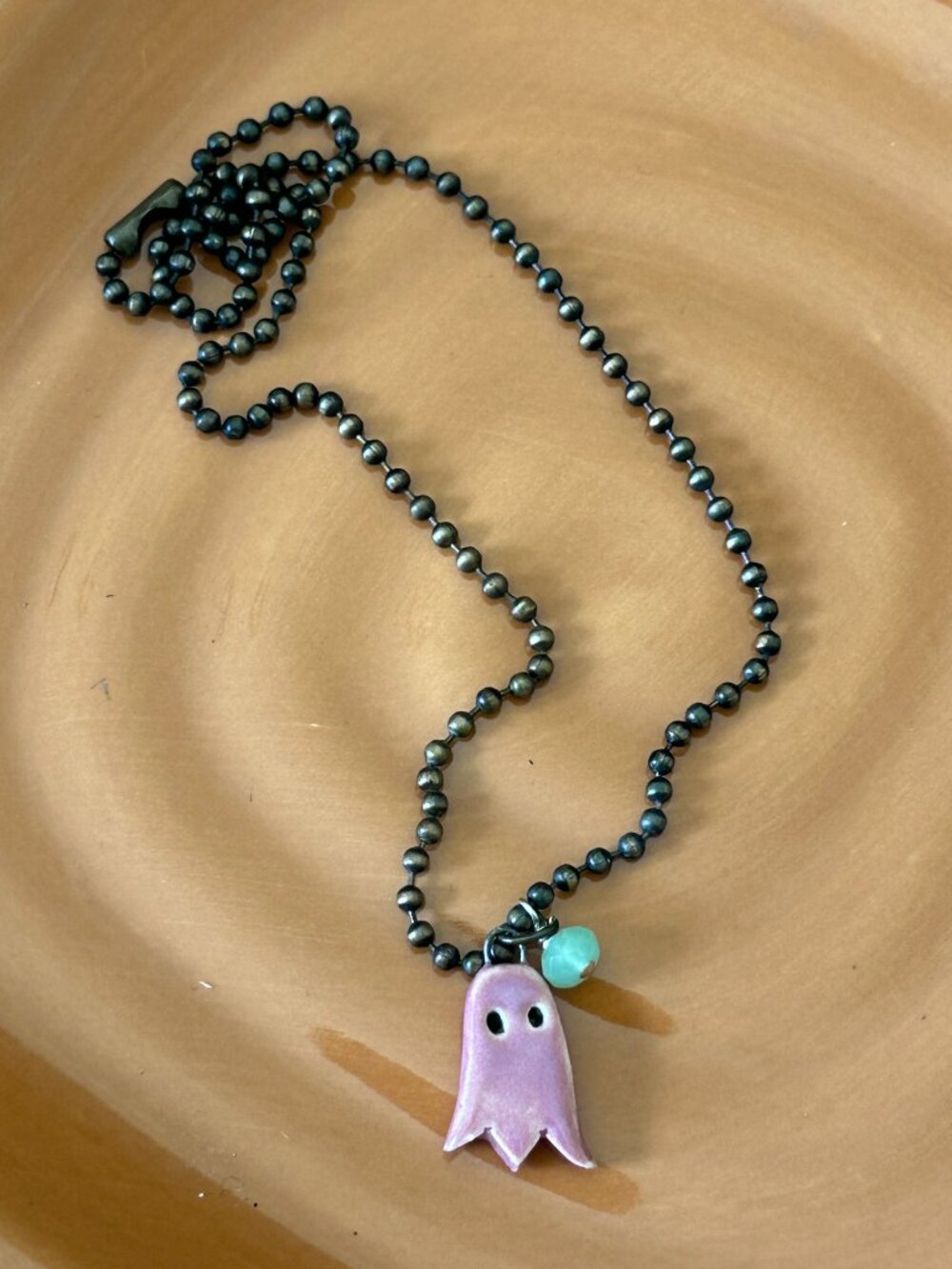 NEW Handmade Ghost Necklace-Antiqued Metal, Glass & Ceramic-Pink & Green